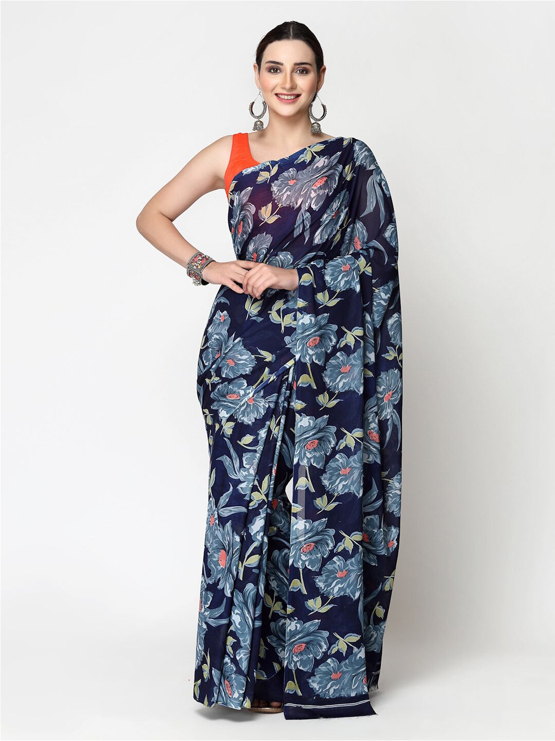 

KALINI Floral Printed Georgette Saree, Navy blue