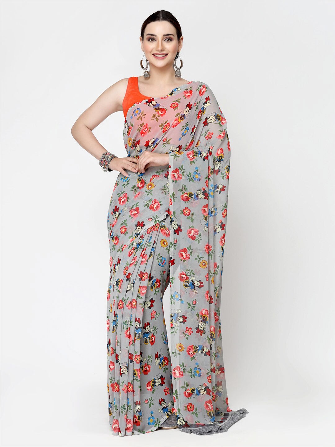 

KALINI Floral Printed Georgette Saree, Grey