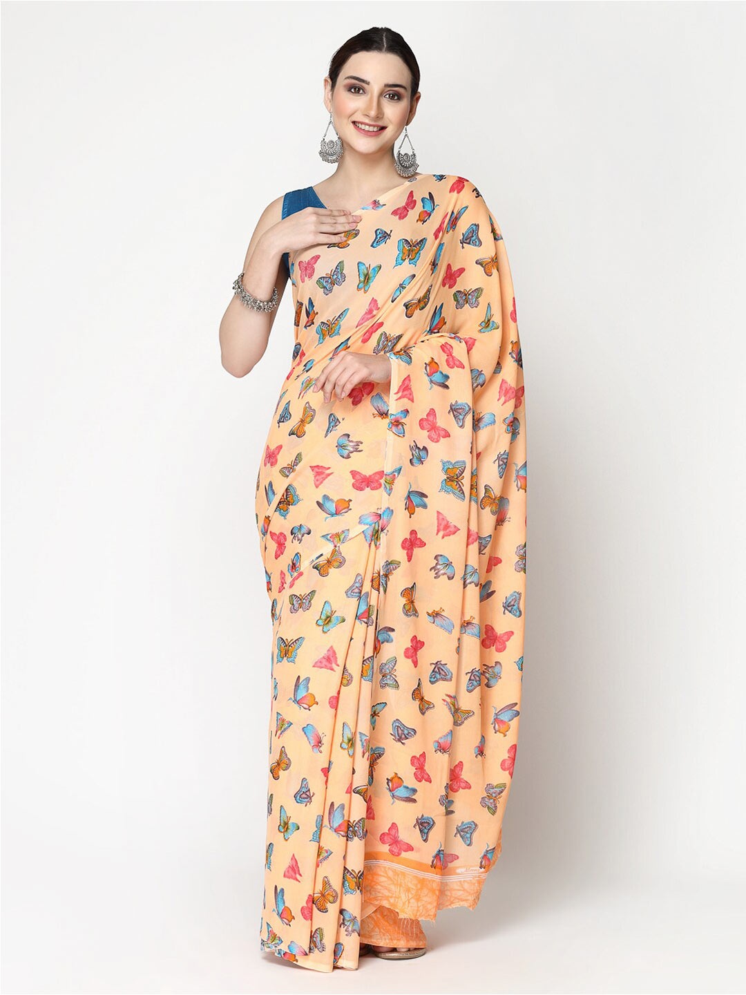 

KALINI Floral Printed Georgette Saree, Orange
