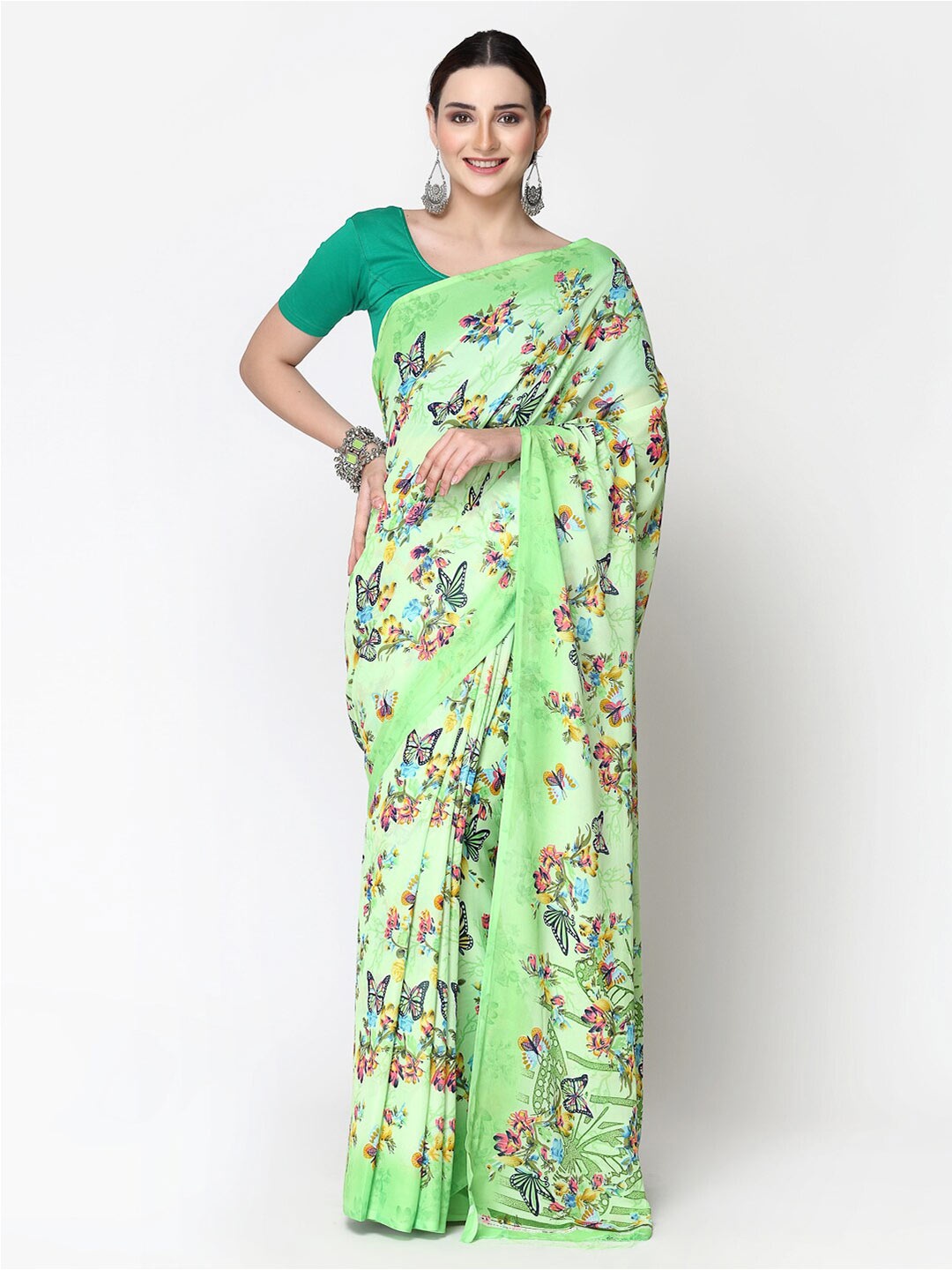 

KALINI Floral Printed Georgette Saree, Green