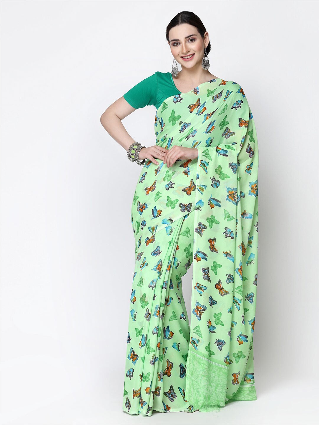 

KALINI Floral Printed Georgette Saree, Green