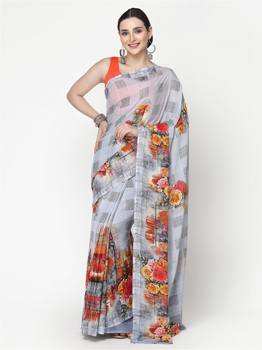 

KALINI Floral Printed Poly Georgette Saree, Grey