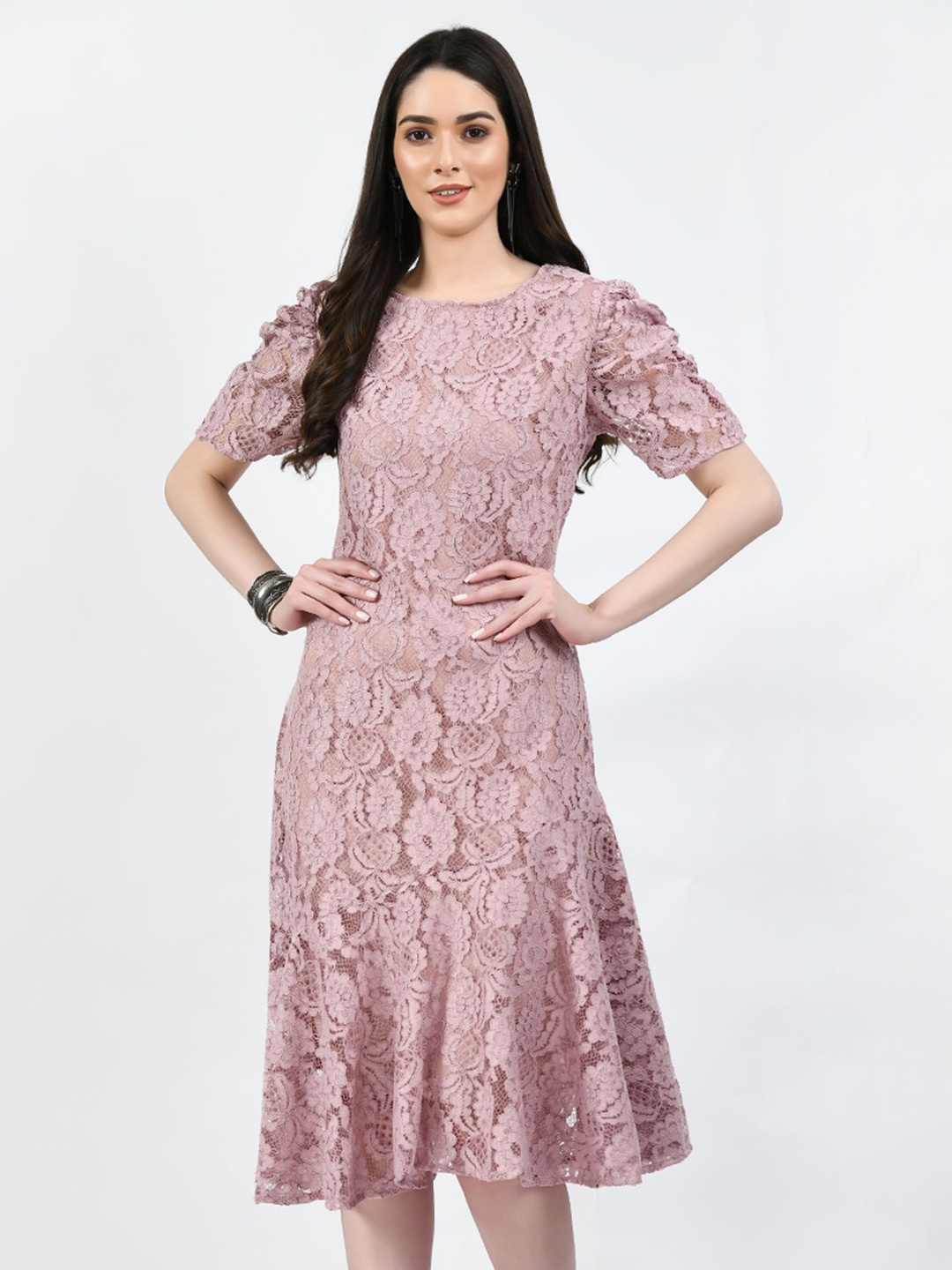 

TBOJ Self Designed Puff Sleeves A-line Dress, Pink