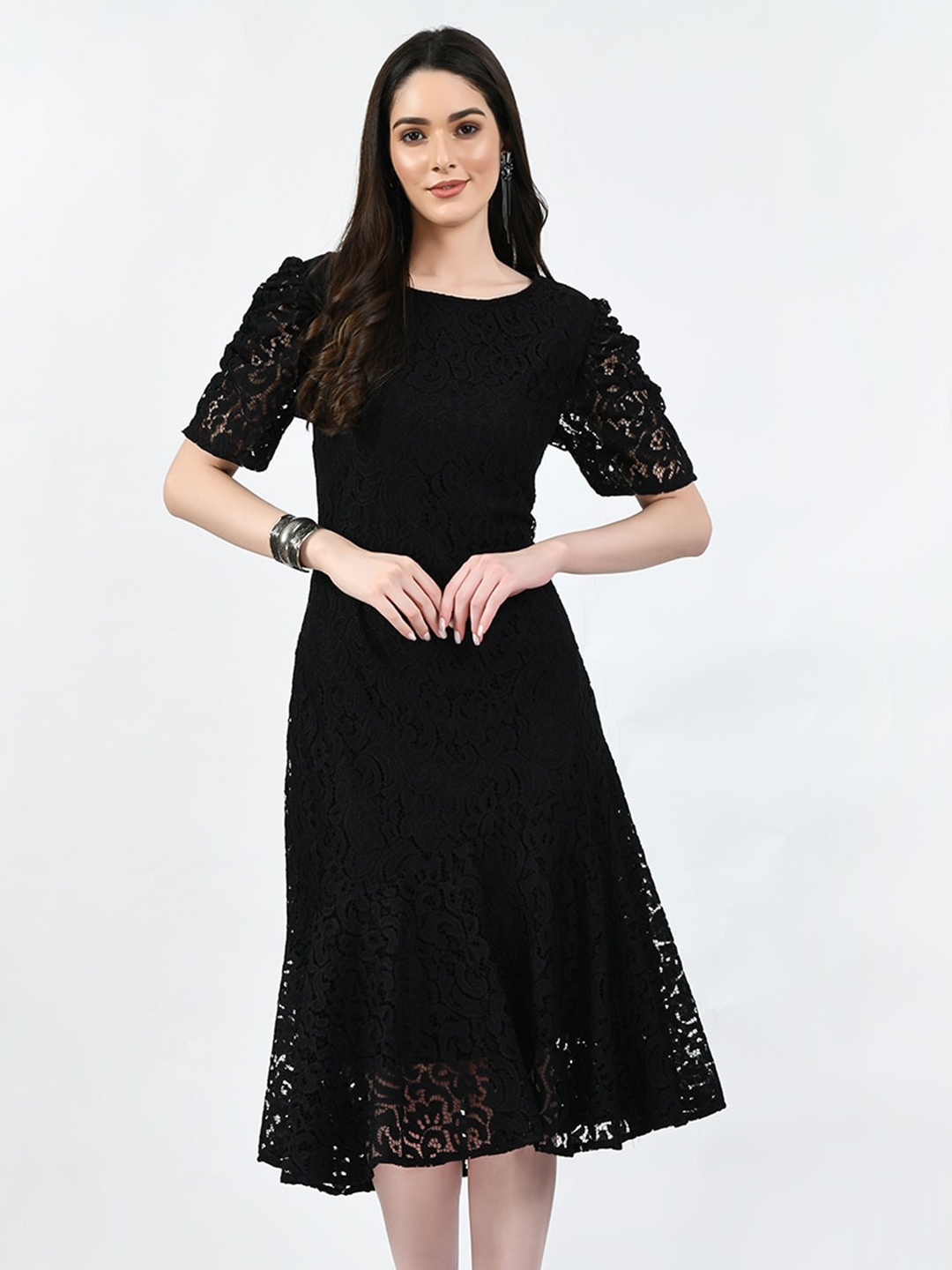 

TBOJ Self Designed Puff Sleeves A-Line Dress, Black