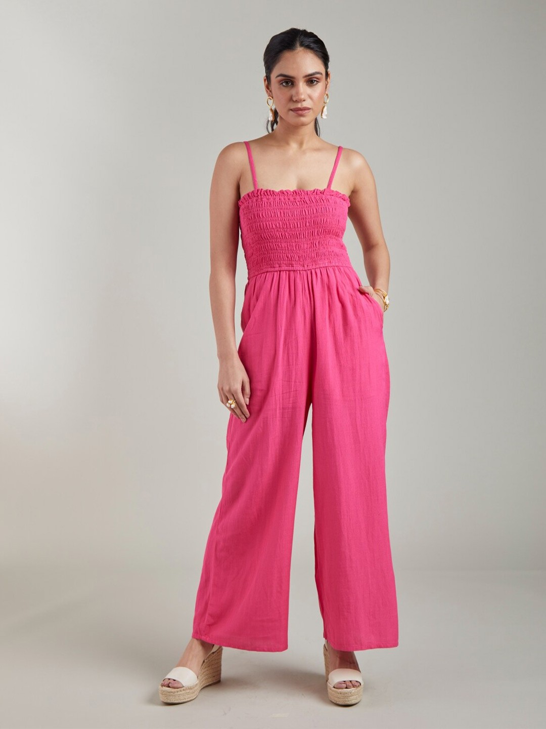 

Style Island Shoulder Straps Smocked Basic Jumpsuit, Pink