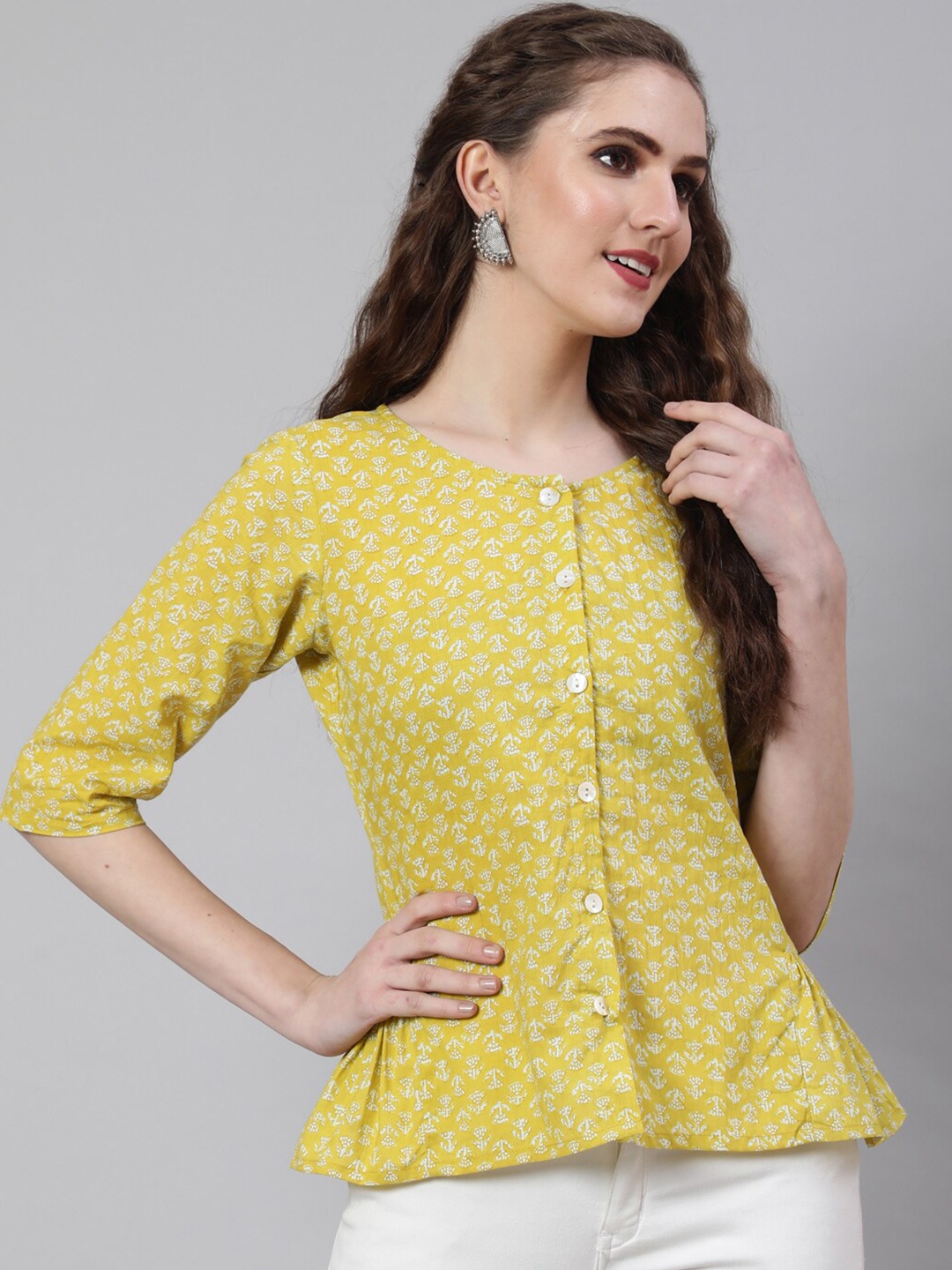 

THE NKS PLUS Conversational Printed Cotton Shirt Style Top, Yellow