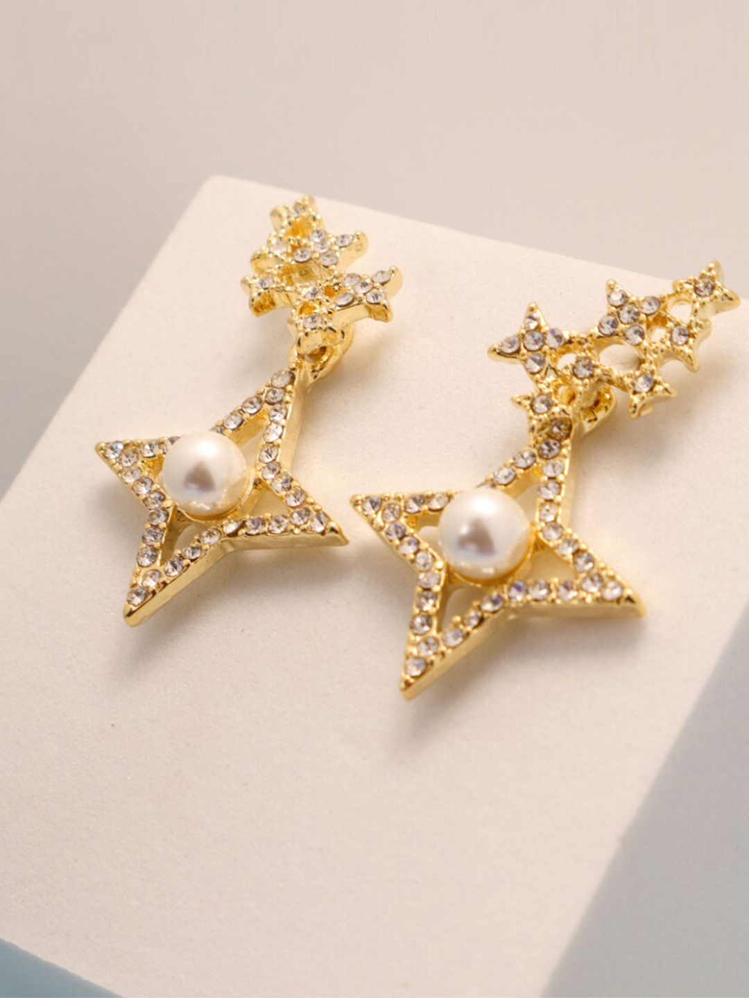 

SALTY Gold-Plated Beaded & Stone Studded Contemporary Drop Earrings
