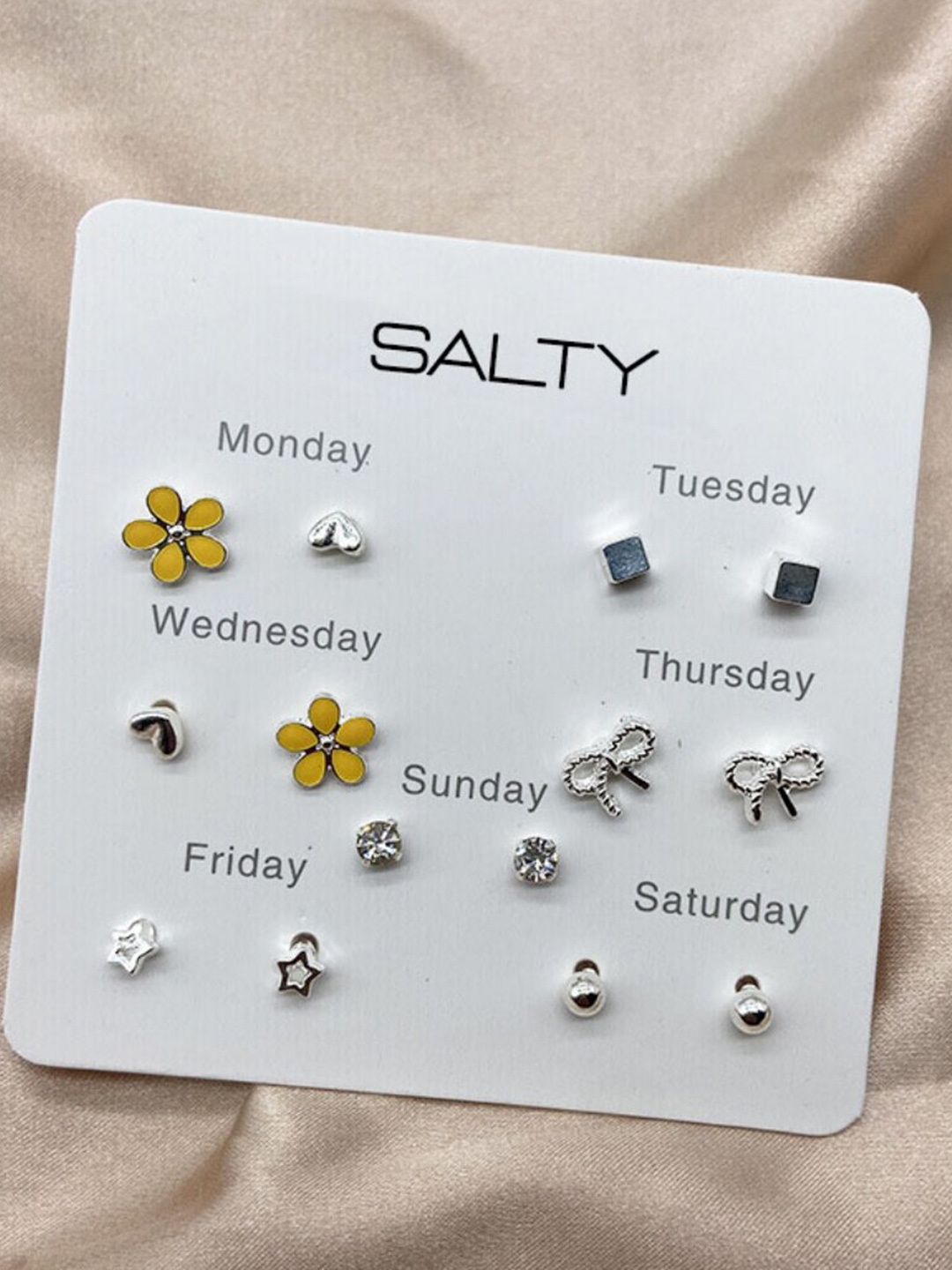 

SALTY Set Of 7 Contemporary Studs Earrings, Silver