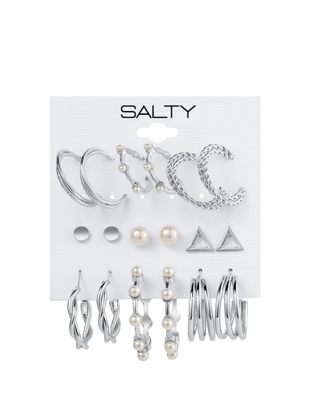 

SALTY Set Of 9 Contemporary Studs Earrings, Silver