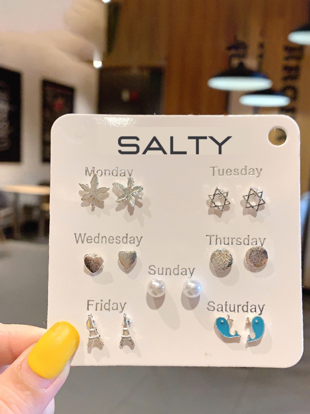 

SALTY Set Of 7 Contemporary Studs Earrings, Silver