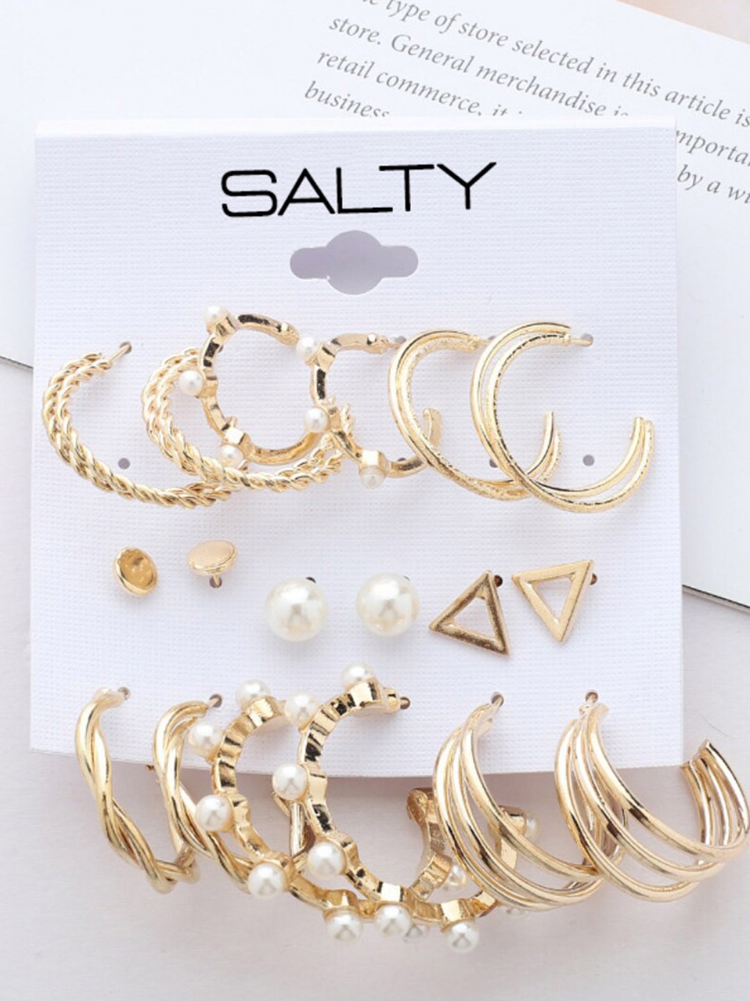 

SALTY Pack Of 9 Gold-Plated Contemporary Pearl Hoops & Studs Earrings