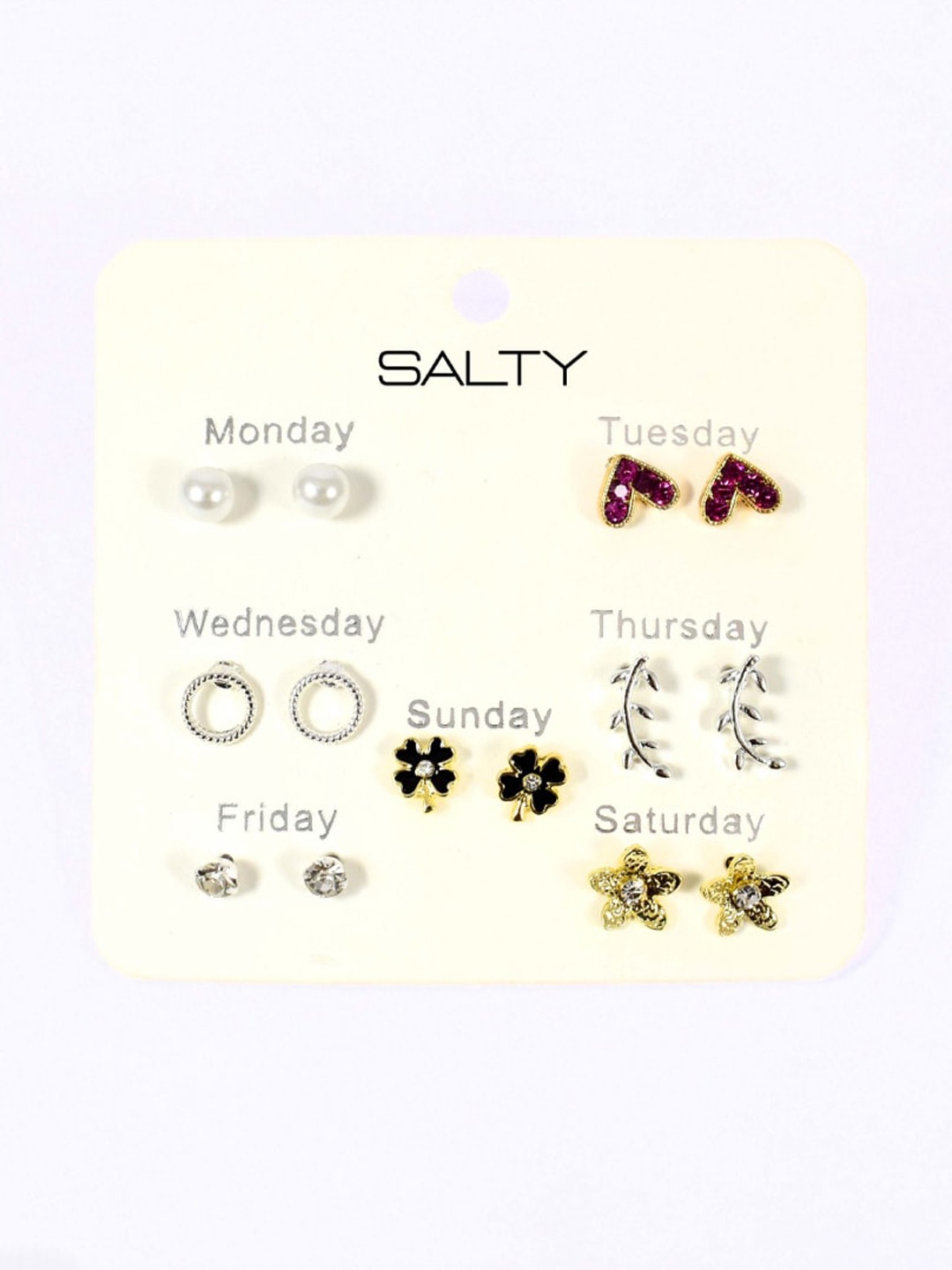 

SALTY Set Of 7 Contemporary Studs Earrings, Silver