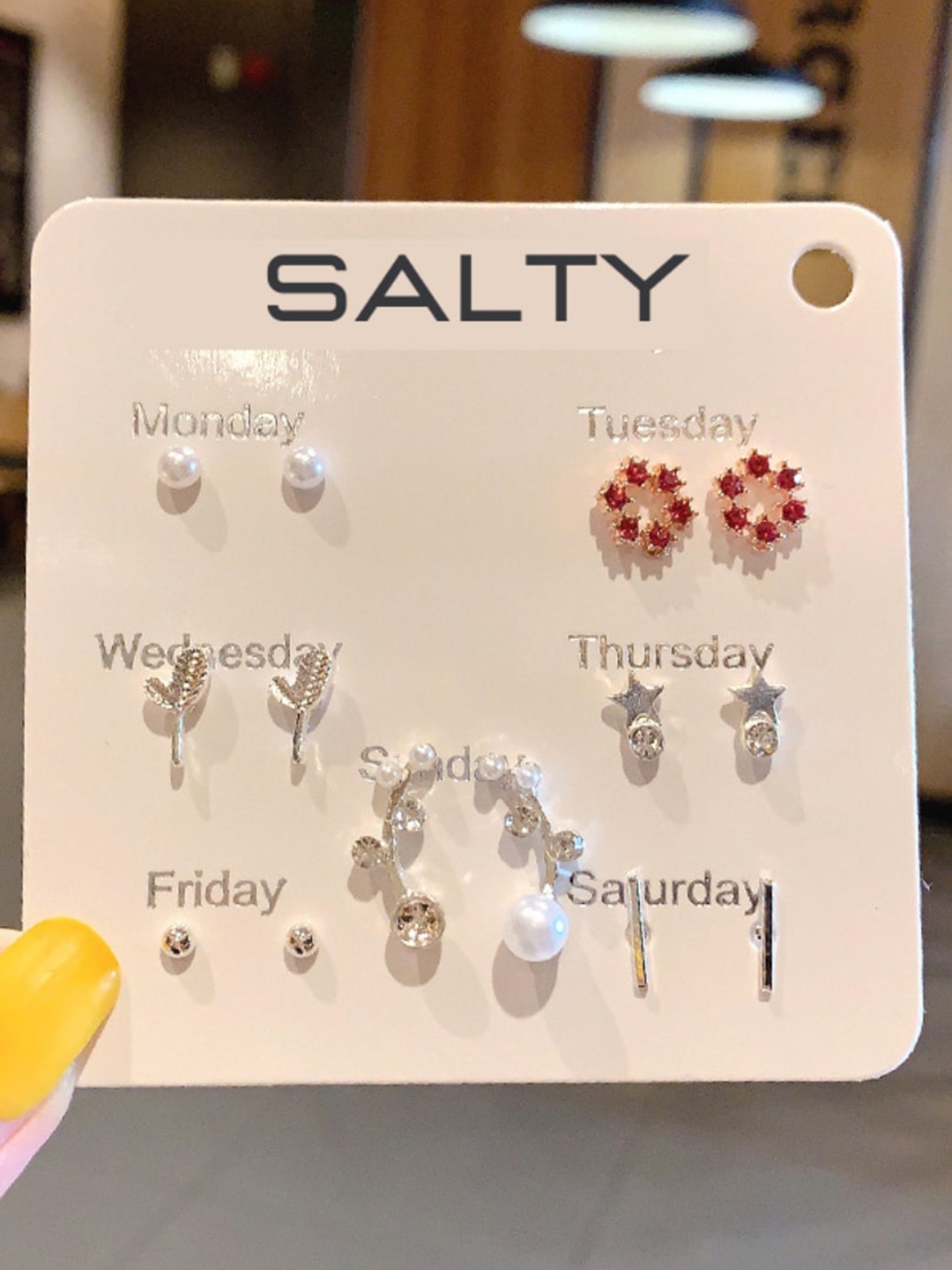 

SALTY Set Of 7 Contemporary Studs Earrings, Silver