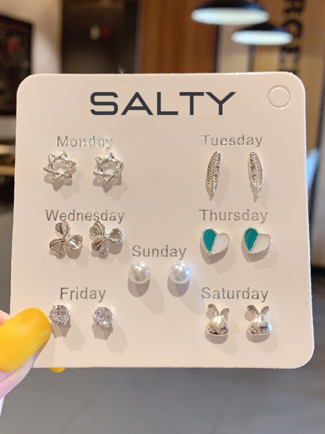 

SALTY Set Of 7 Contemporary Studs Earrings, Silver