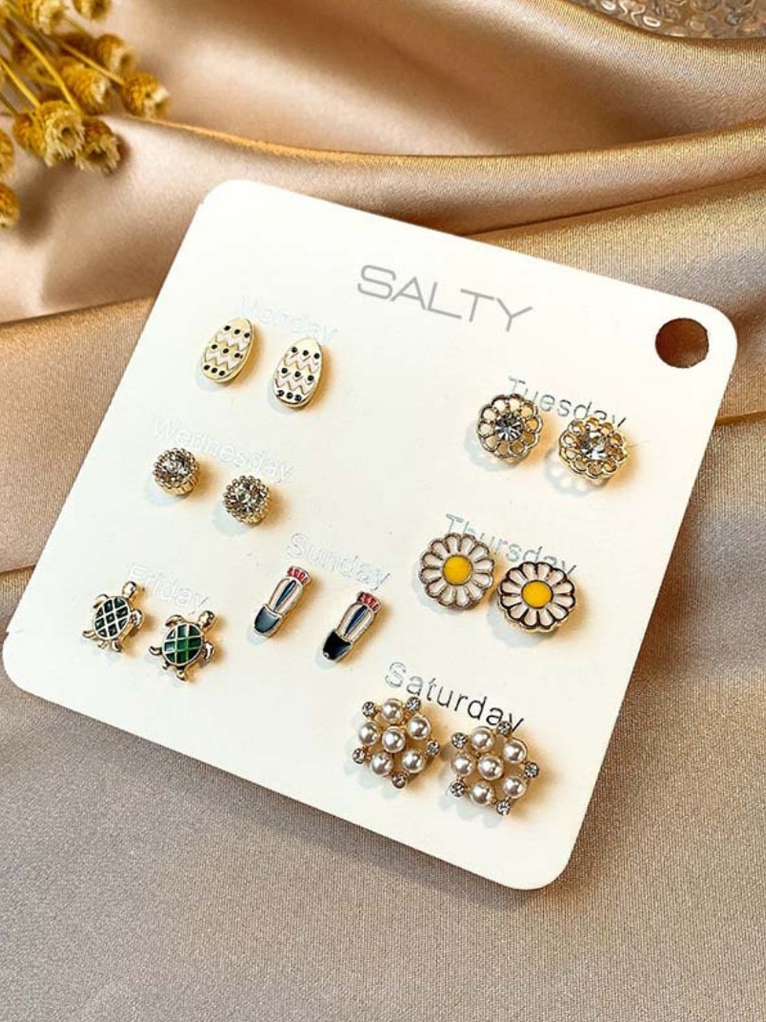 

SALTY Set Of 7 Contemporary Stone-Studded Studs Earrings, Gold