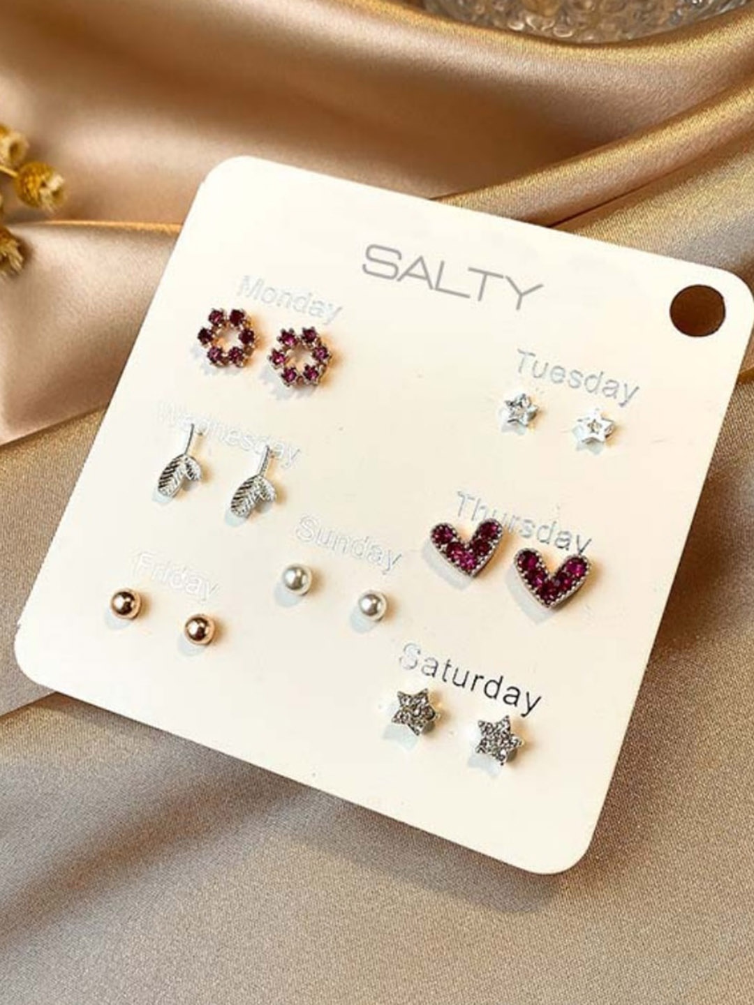 

SALTY Set Of 7 Contemporary Studs Earrings, Red