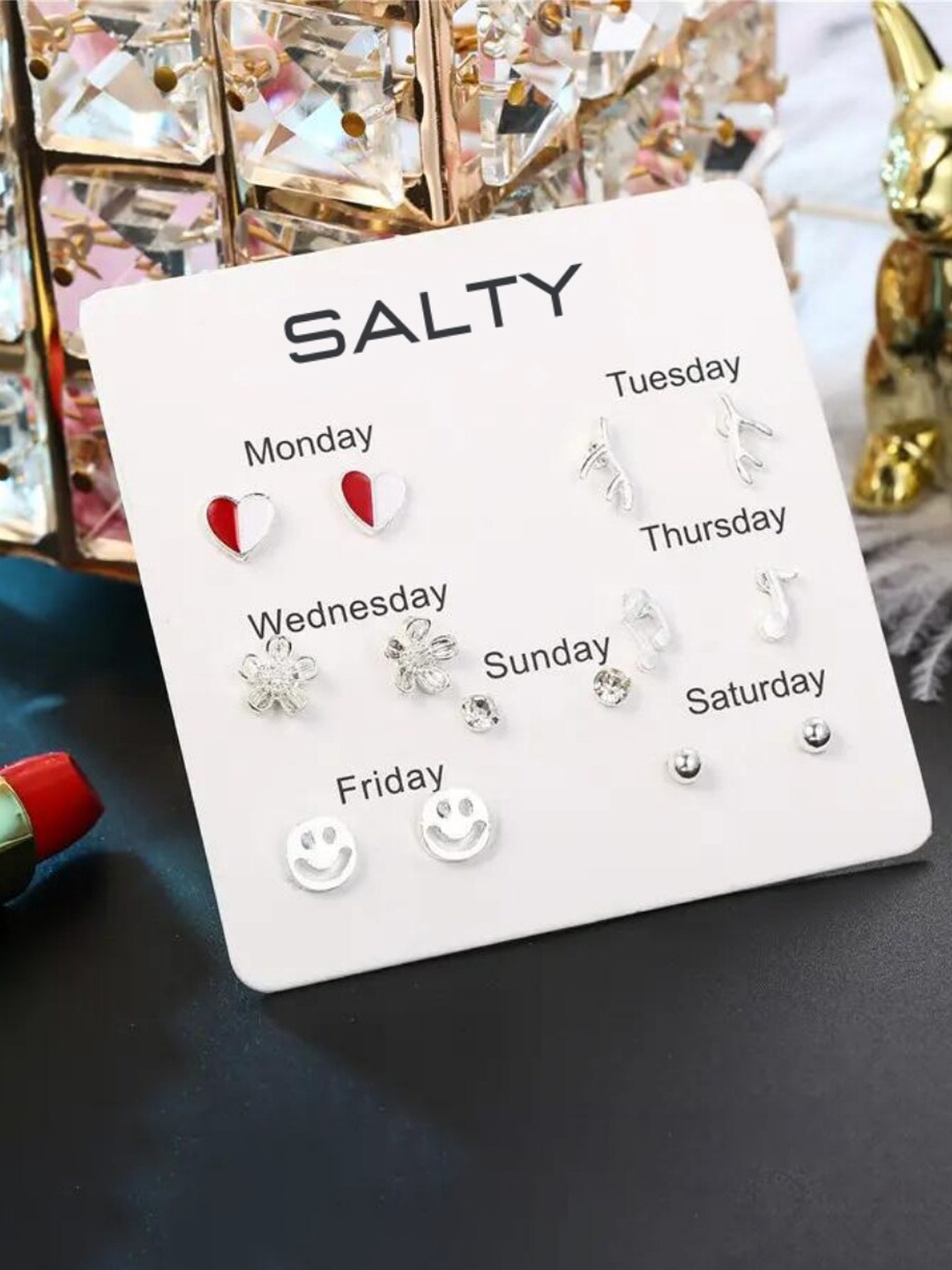 

SALTY Set of 7 Contemporary Studs Earrings, Silver