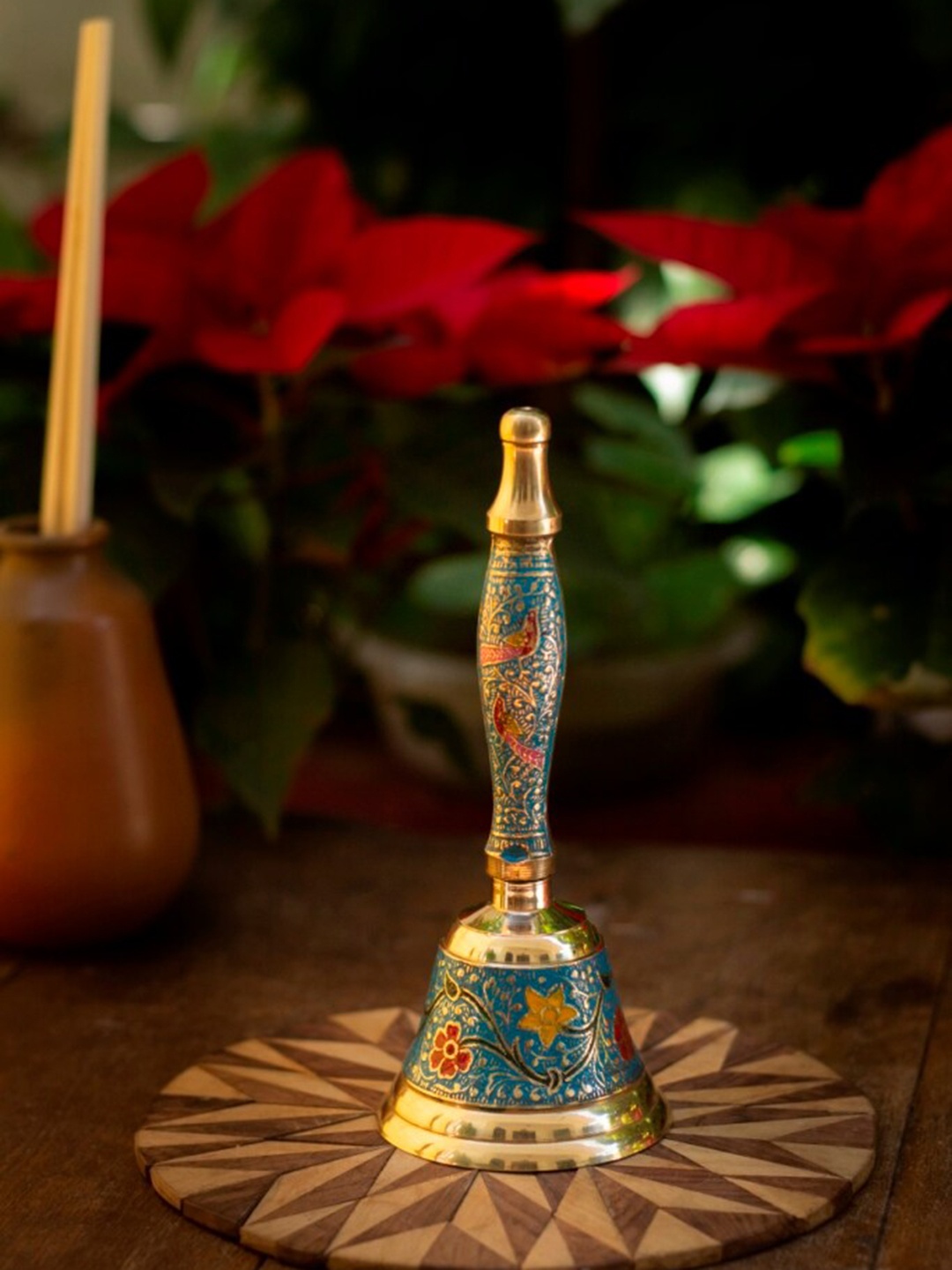 

Fashion Bizz Blue & Red Embossed Design Brass Ghanti, Gold