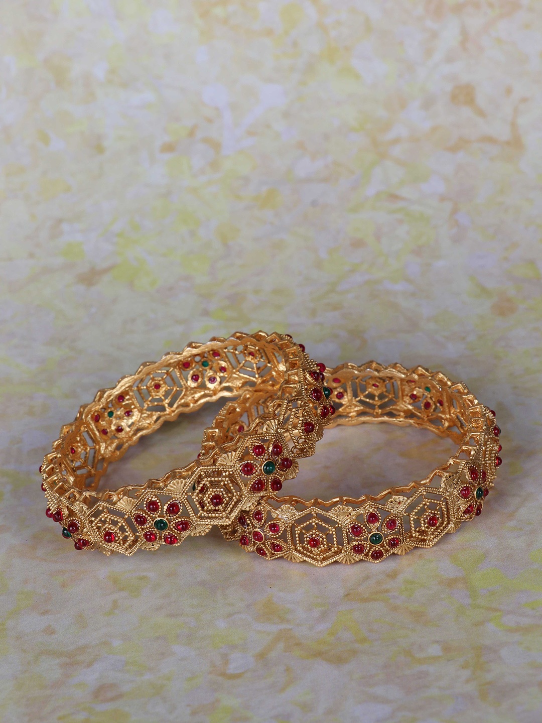 

LAFORWORD Set Of 2 Gold-Plated Stone-Studded Bangles