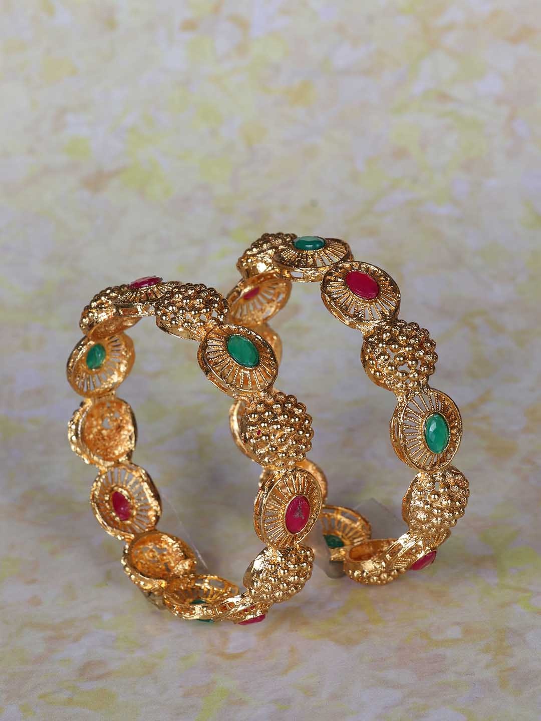 

LAFORWORD Set Of 2 Gold-Plated Stone-Studded Bangles