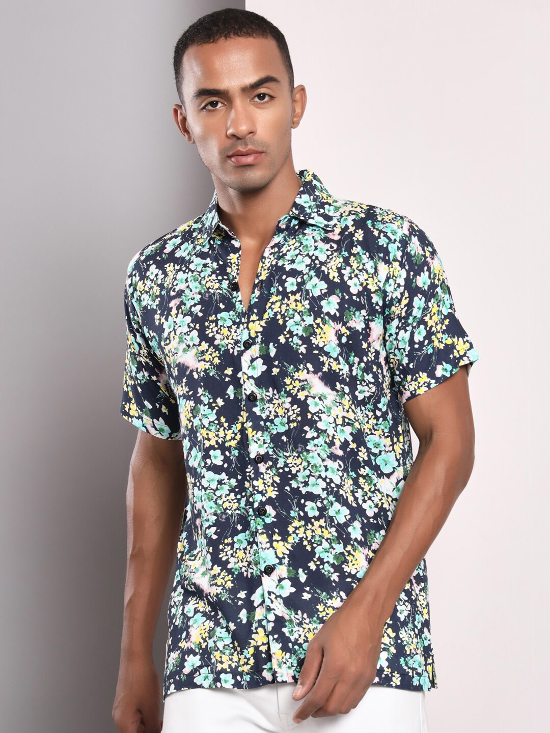 

BAESD Standard Fit Floral Printed Cotton Casual Shirt, Navy blue