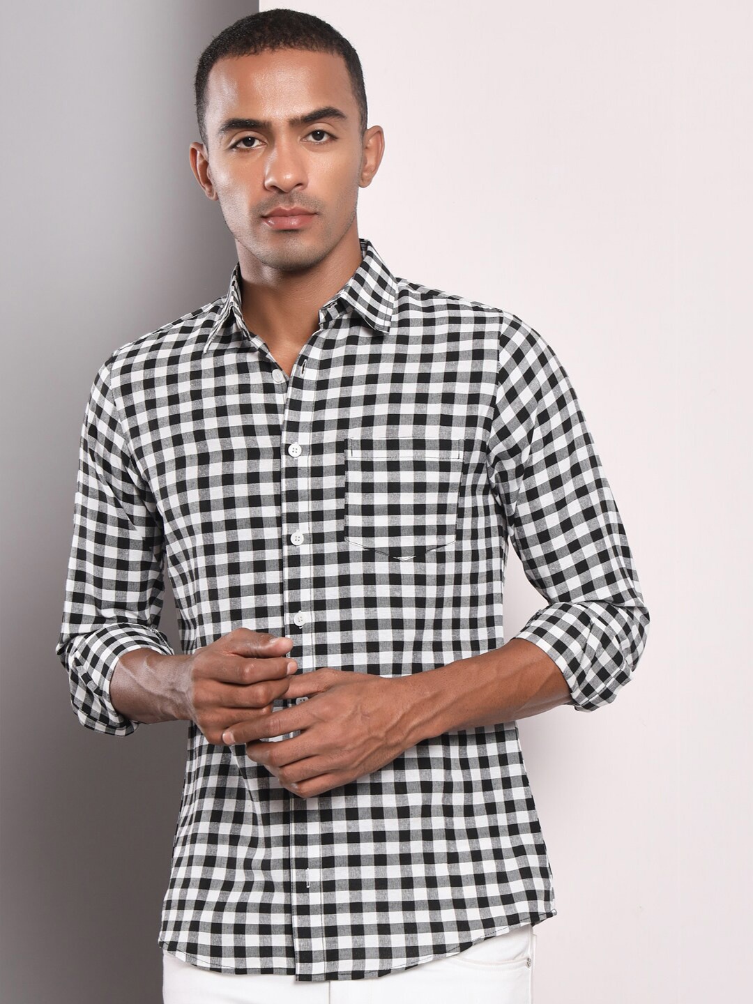 

BAESD Standard Fit Gingham Checked Cotton Casual Shirt, Black