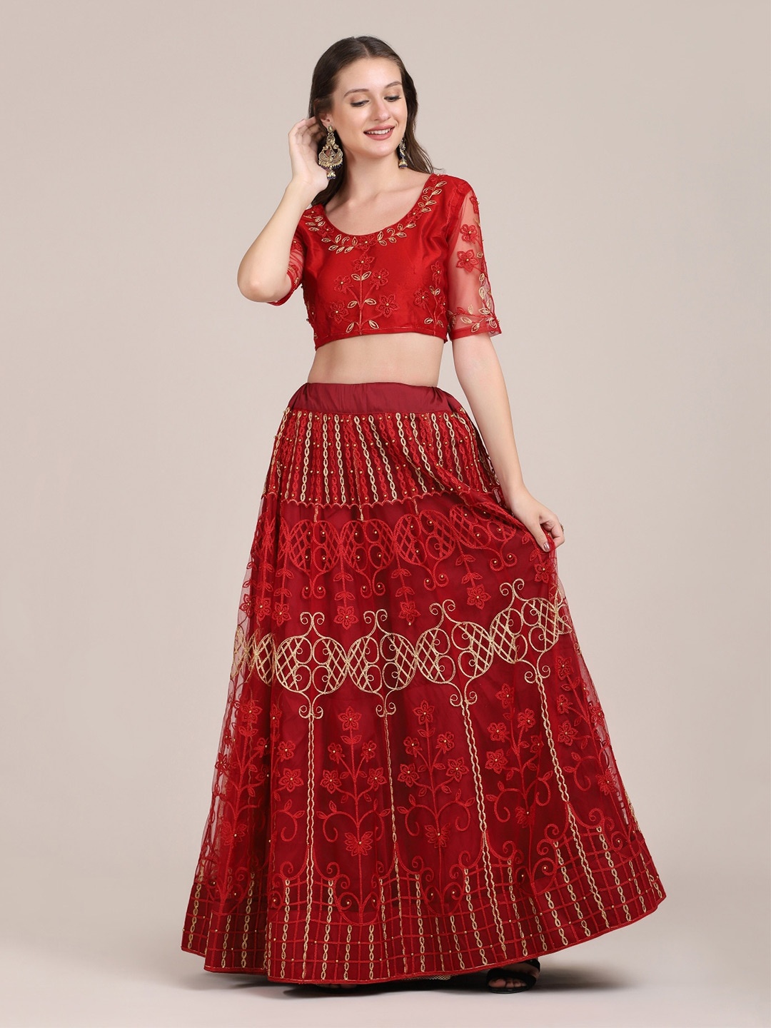 

Warthy Ent Embroidered Thread Work Semi-Stitched Lehenga & Unstitched Blouse With Dupatta, Maroon