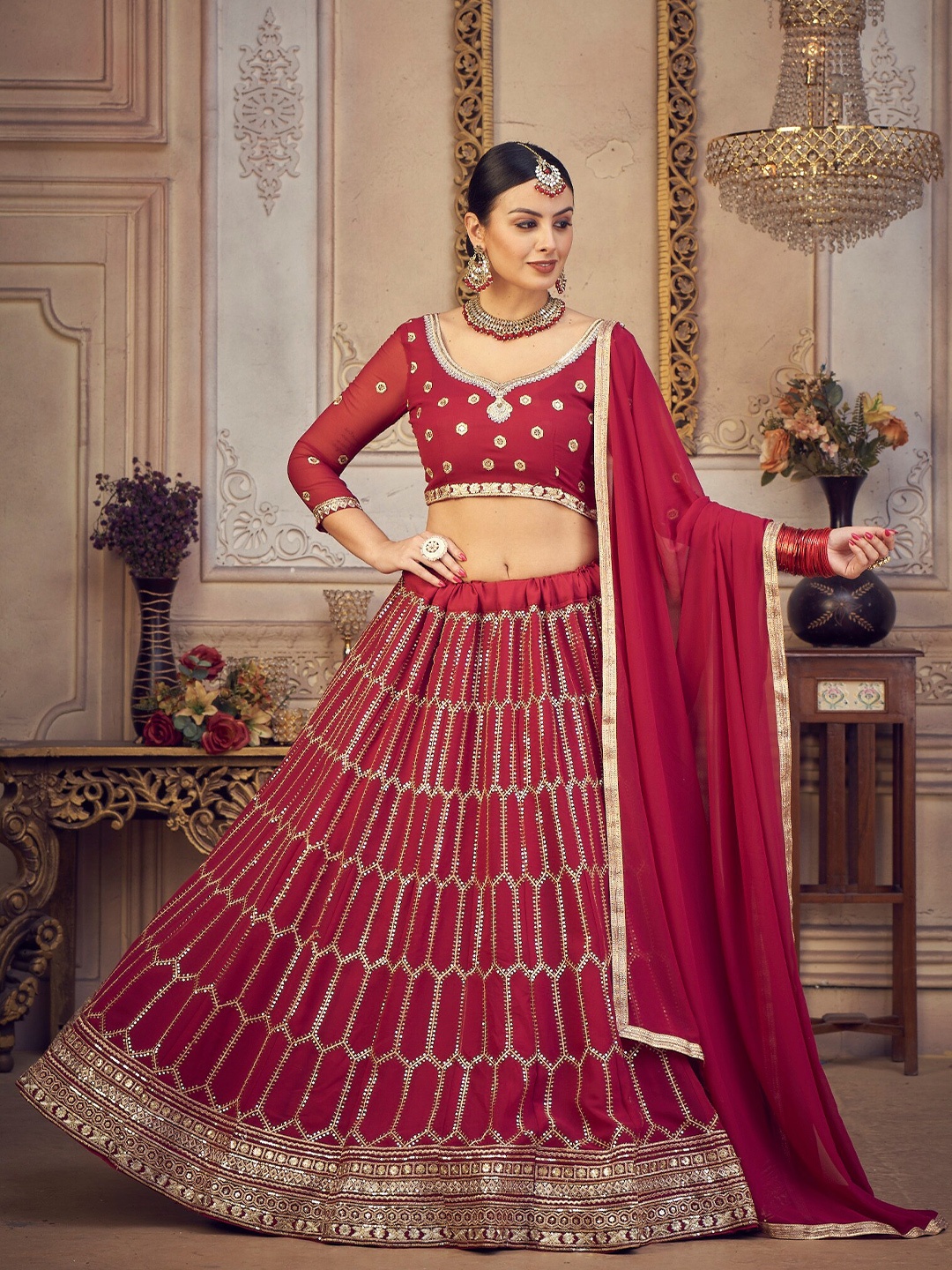 

Warthy Ent Embroidered Thread Work Semi-Stitched Lehenga & Unstitched Blouse With Dupatta, Pink