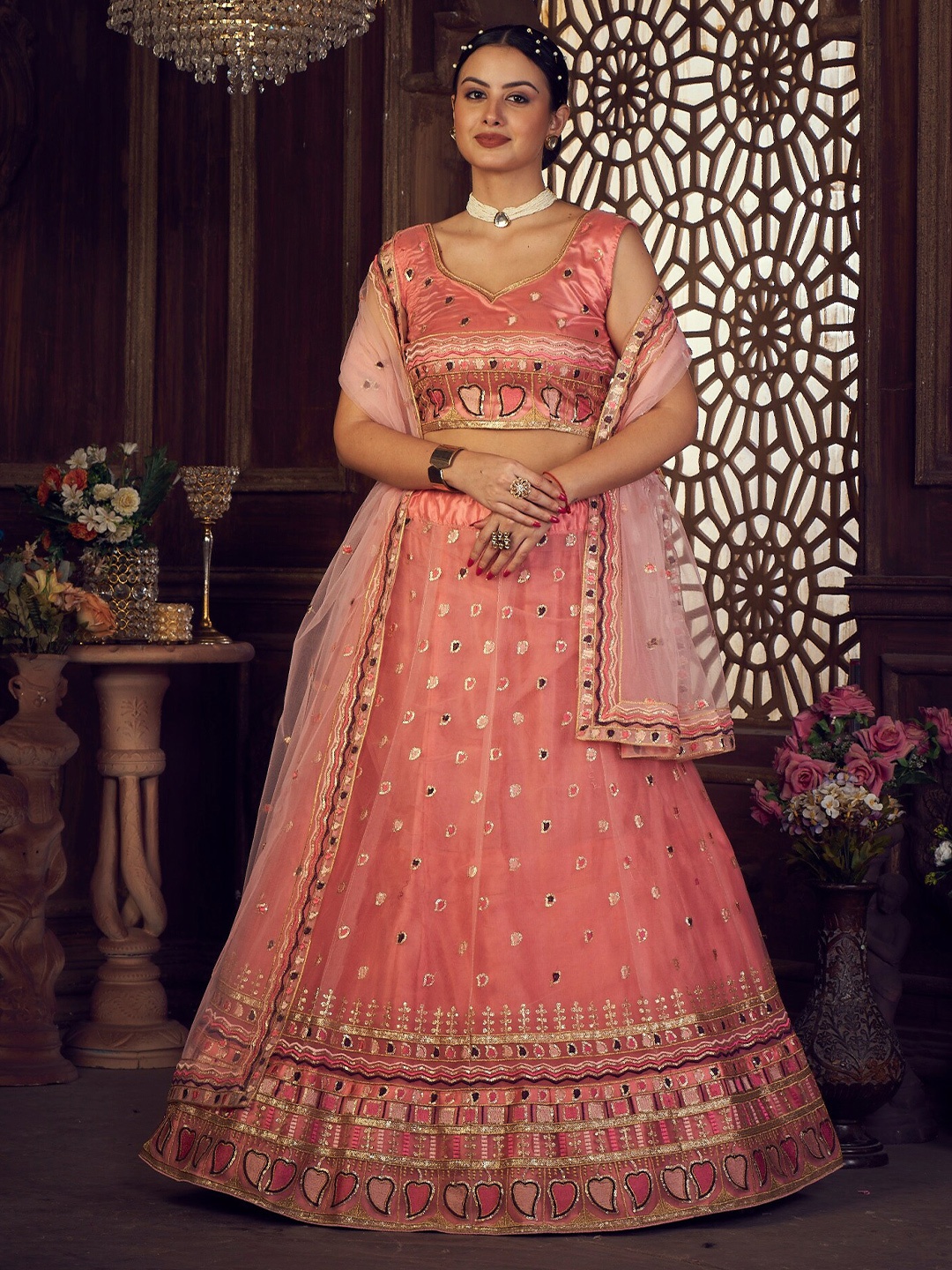 

Warthy Ent Embroidered Thread Work Semi-Stitched Lehenga & Unstitched Blouse With, Peach