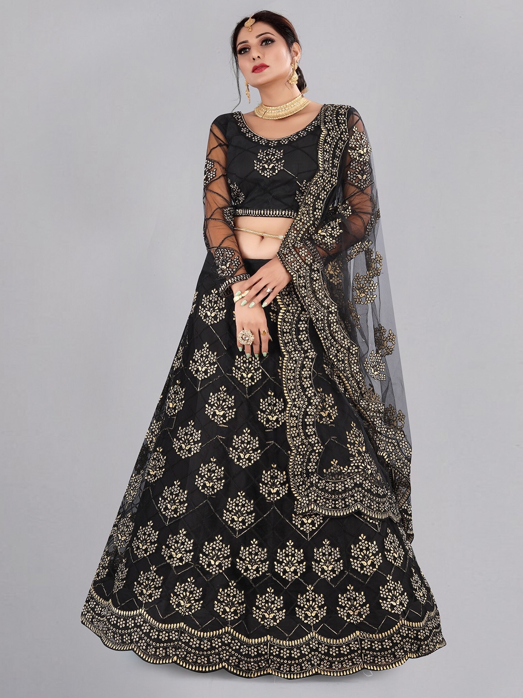 

Warthy Ent Embroidered Shibori Semi-Stitched Lehenga & Unstitched Blouse With, Black