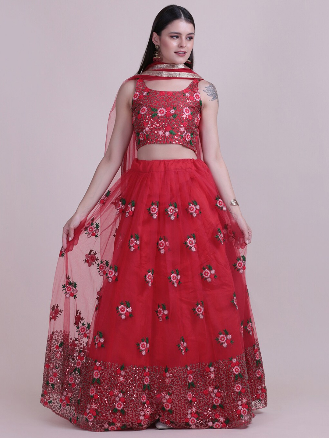 

Warthy Ent Embroidered Thread Work Semi-Stitched Lehenga & Unstitched Blouse With Dupatta, Red