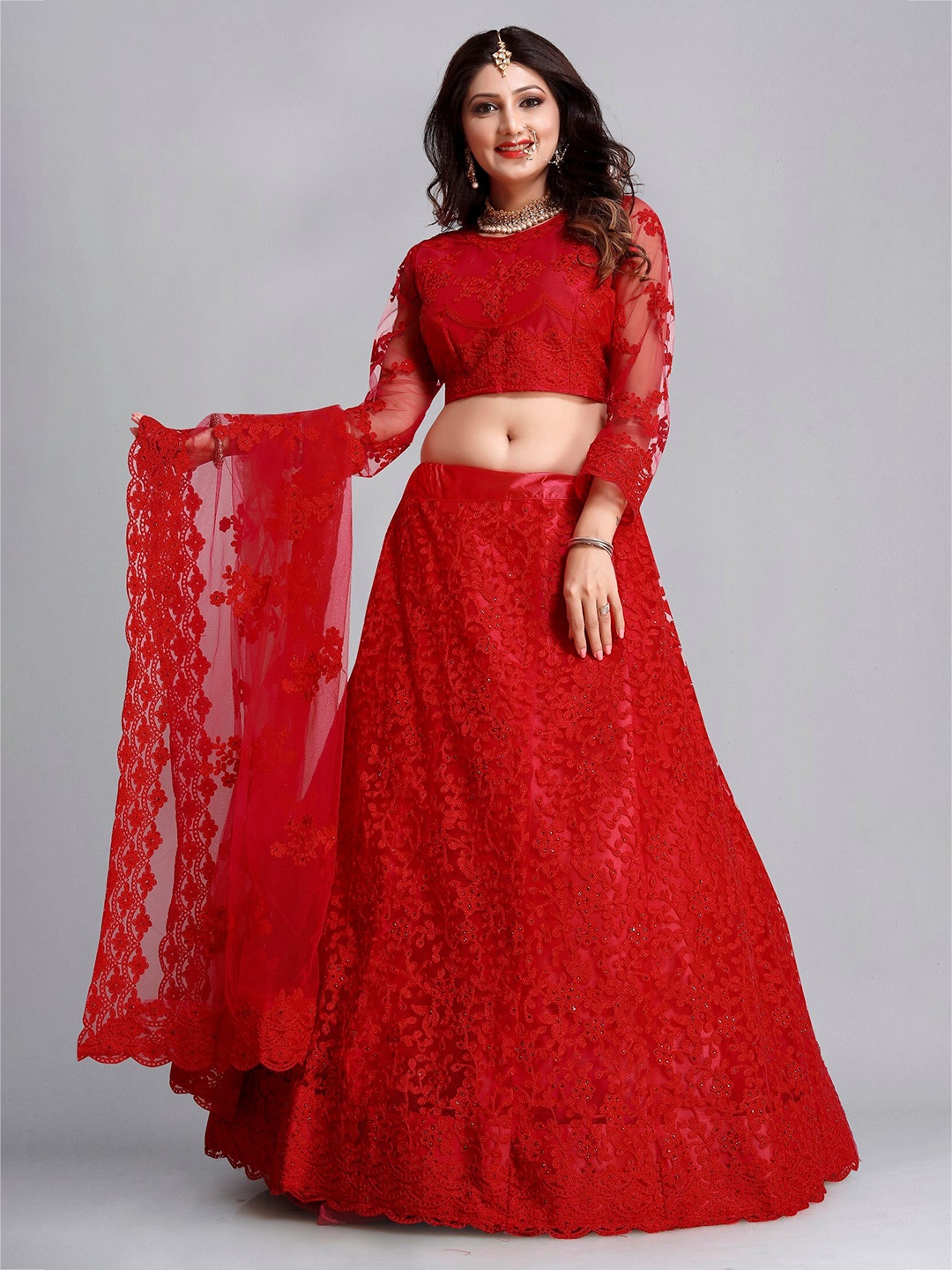 

Warthy Ent Embroidered Semi-Stitched Lehenga & Unstitched Blouse With Dupatta, Red