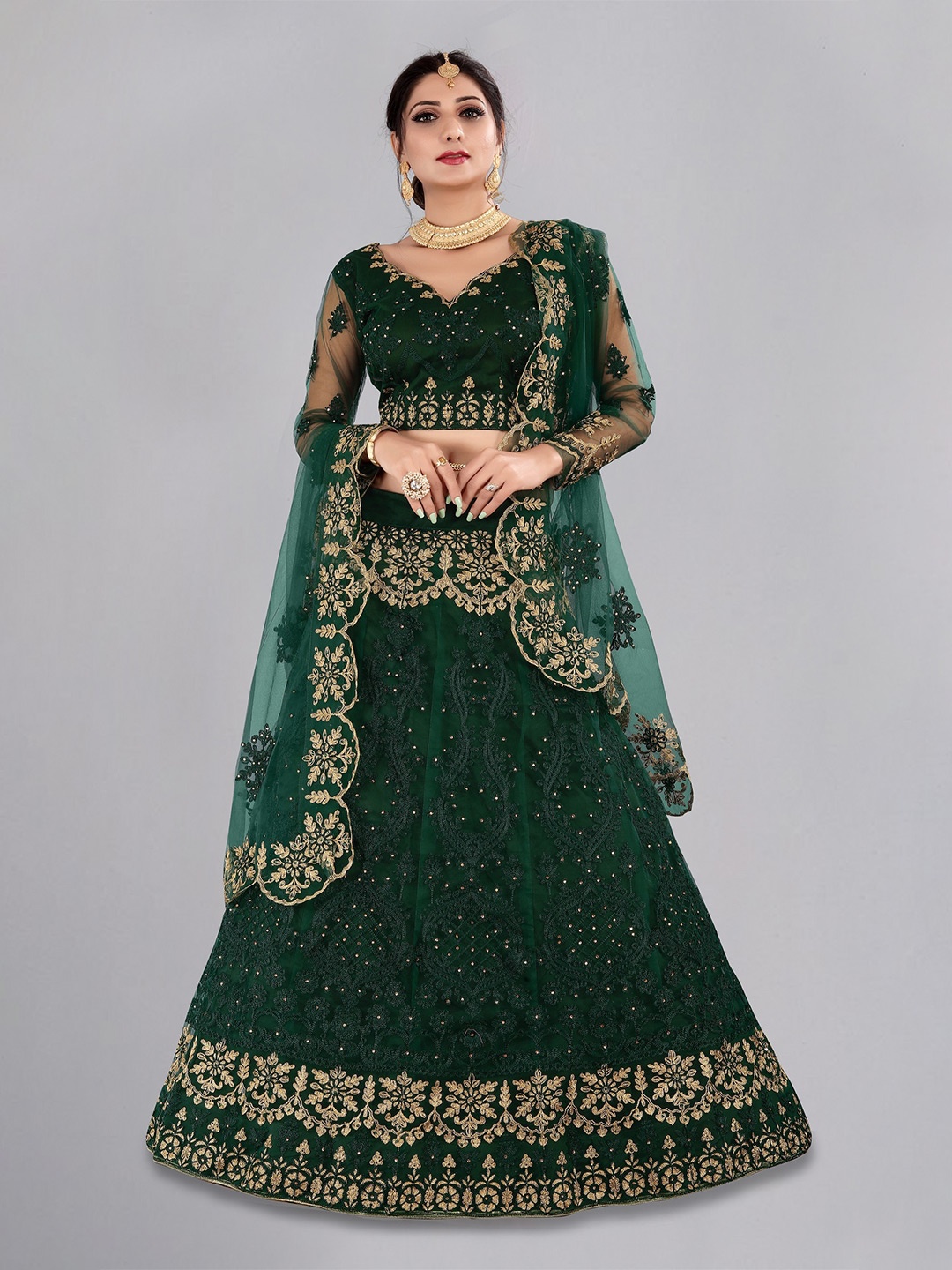 

Warthy Ent Embroidered Thread Work Semi-Stitched Lehenga & Blouse With Dupatta, Green