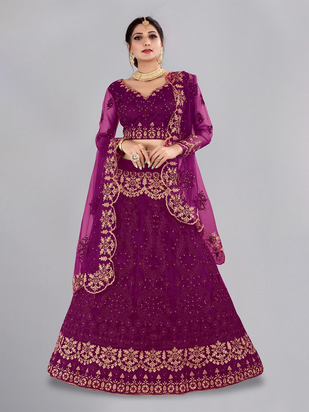 

Warthy Ent Embroidered Thread Work Semi-Stitched Lehenga & Blouse With Dupatta, Purple