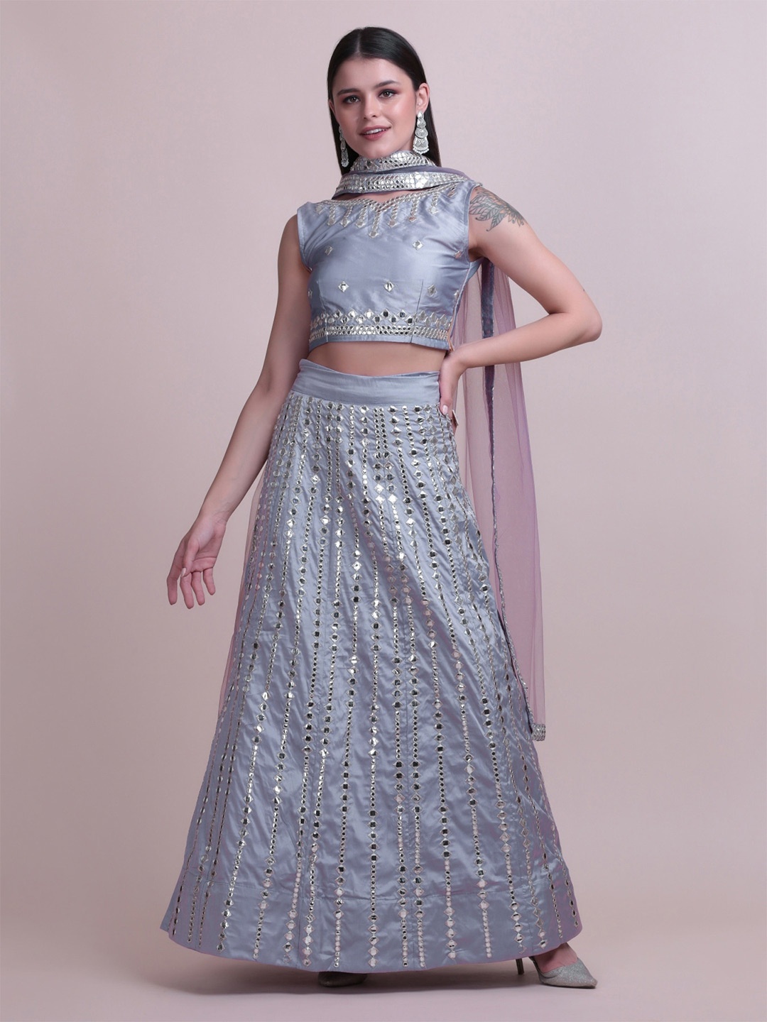 

Warthy Ent Embroidered Mirror Work Semi-Stitched Lehenga & Unstitched Blouse With, Grey