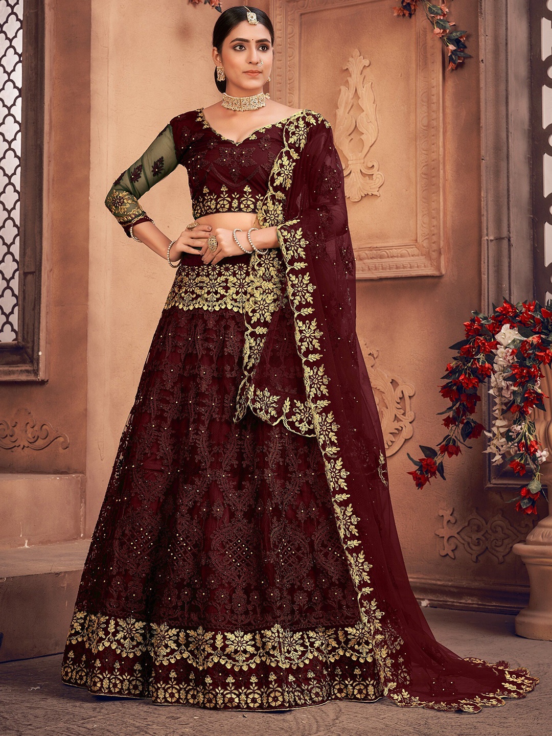 

Warthy Ent Embroidered Thread Work Semi-Stitched Lehenga & Unstitched Blouse With Dupatta, Maroon