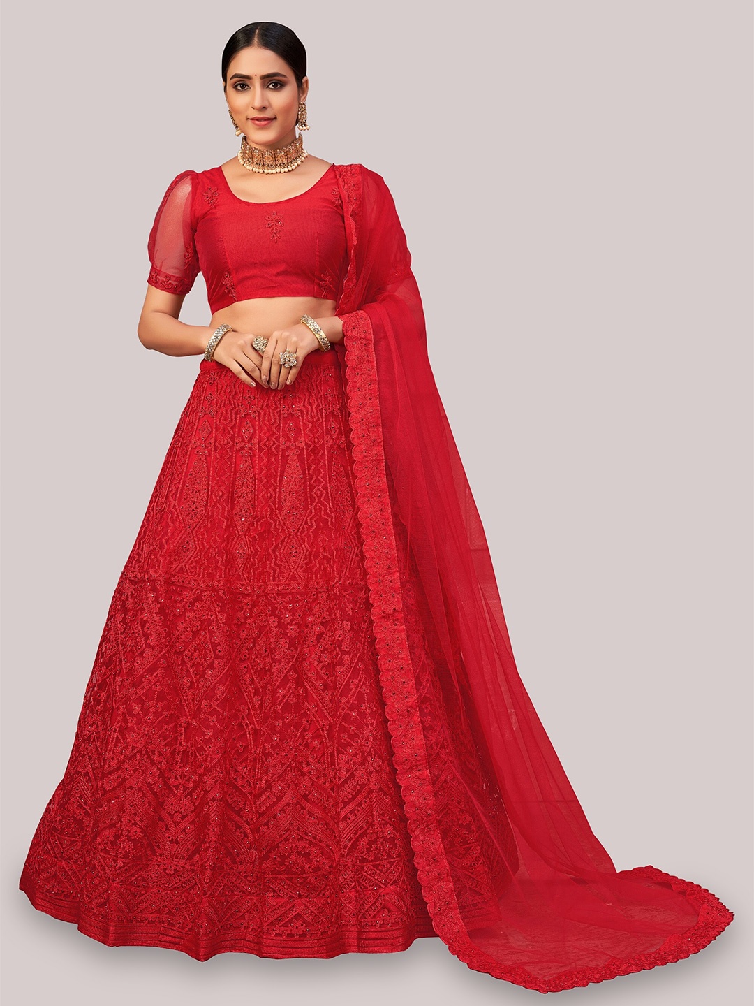 

Warthy Ent Embroidered Semi-Stitched Lehenga & Unstitched Blouse With Dupatta, Red