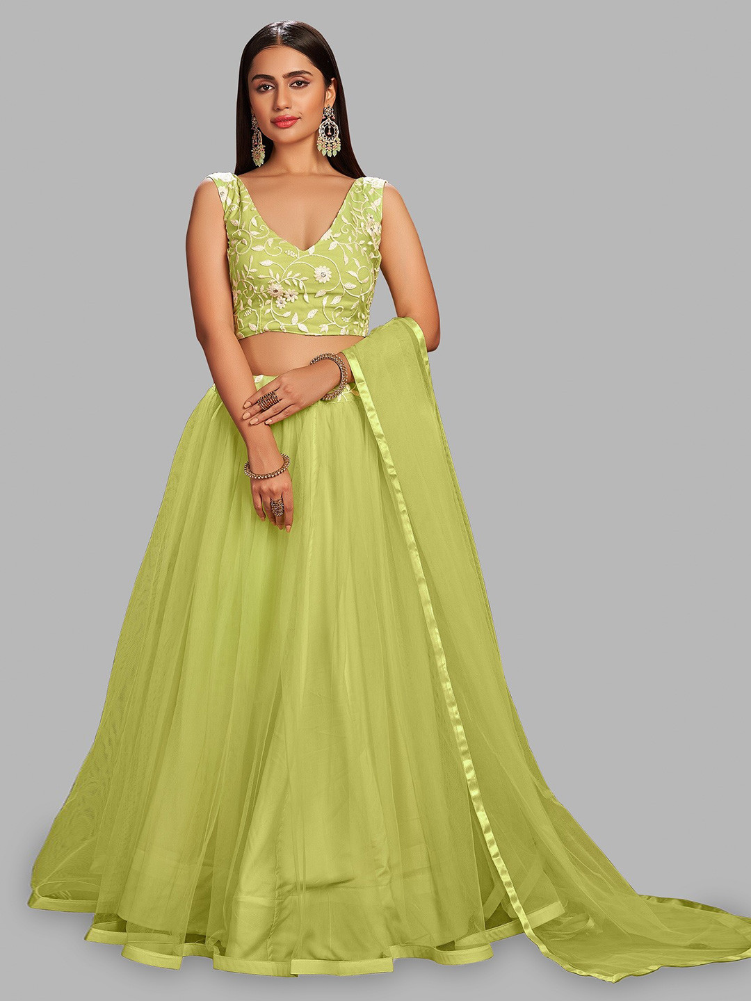 

Warthy Ent Embroidered Thread Work Semi-Stitched Lehenga & Blouse With Dupatta, Lime green