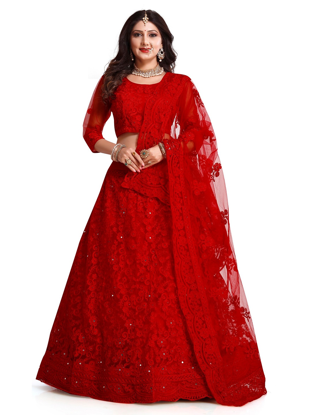 

Warthy Ent Embroidered Semi-Stitched Lehenga & Unstitched Blouse With Dupatta, Red