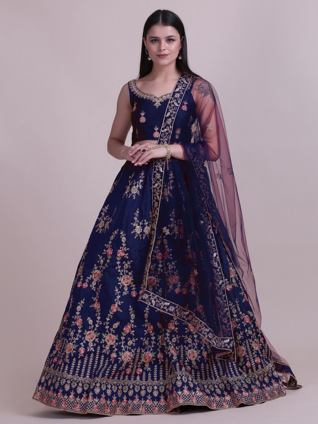 

Warthy Ent Embroidered Thread Work Semi-Stitched Lehenga & Blouse With Dupatta, Blue