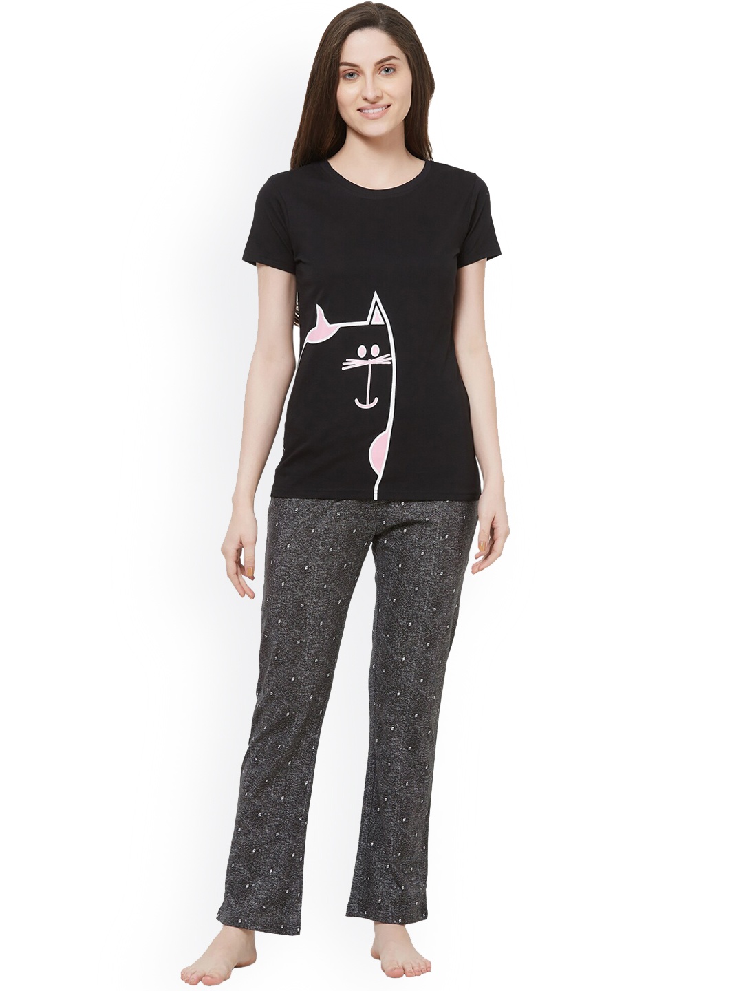 

evolove Graphic Printed Pure Cotton Night Suit, Black