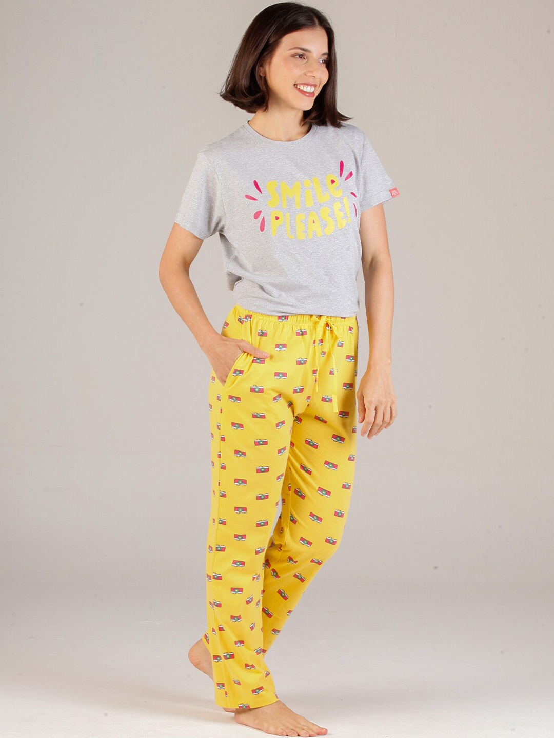 

evolove Graphic Printed Pure Cotton Night Suit, Grey