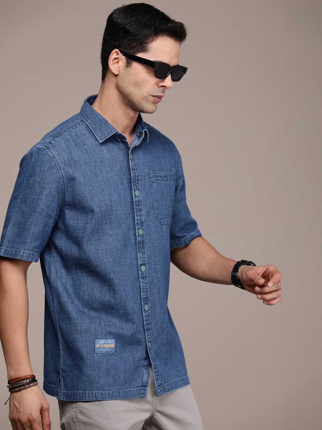 

FORCE IX Men Pure Cotton Slim Fit Denim Casual Shirt, Blue