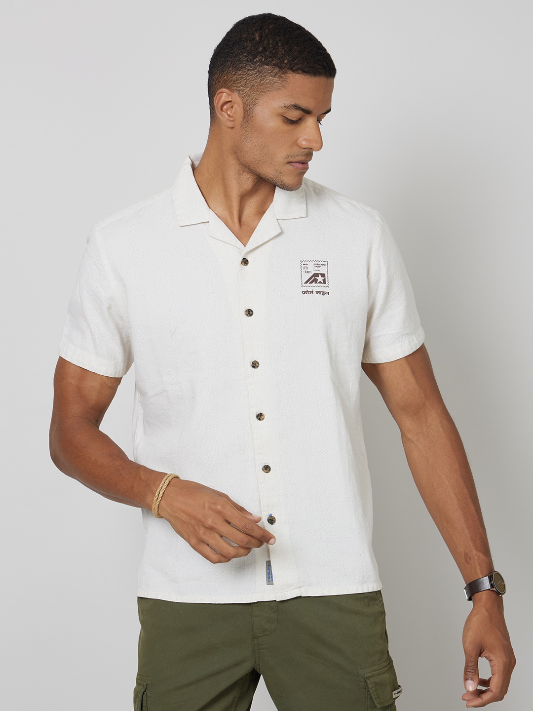 

FORCE IX Men Pure Cotton Slim Fit Solid Casual Shirt, Cream