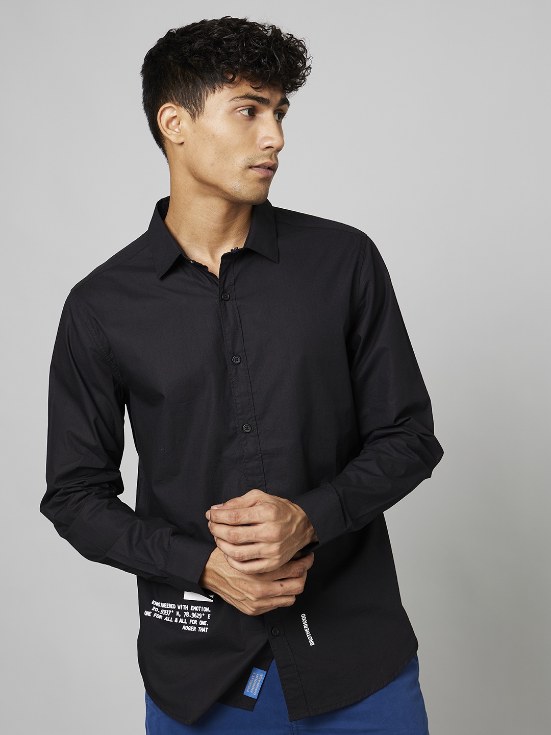 

FORCE IX Minimal Typography Print Detail Slim Fit Pure Cotton Casual Shirt, Black