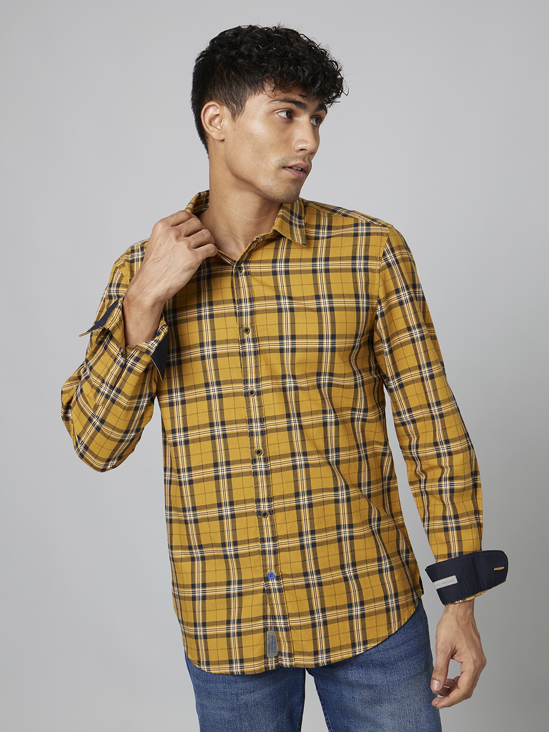 

FORCE IX Slim Fit Pure Cotton Checked Casual Shirt, Mustard