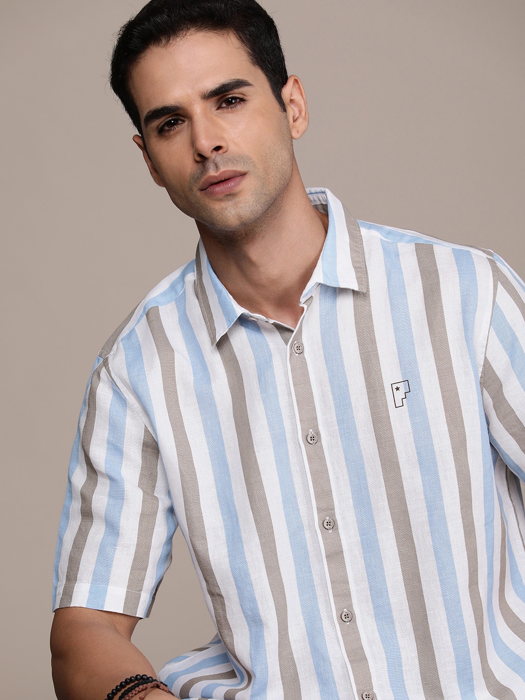 

FORCE IX Men Cotton Linen Striped Casual Shirt, Blue