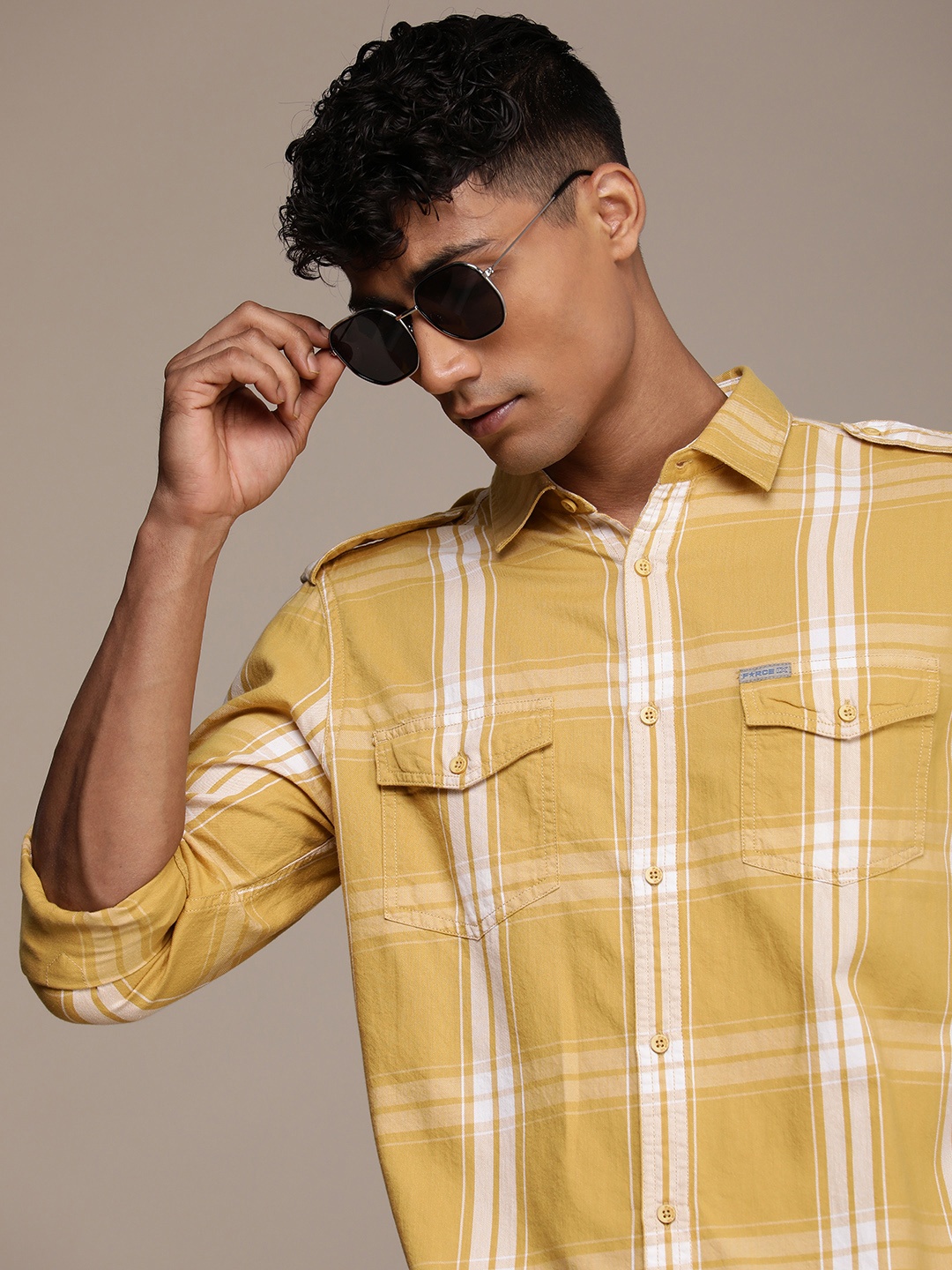 

FORCE IX Slim Fit Tartan Checked Pure Cotton Casual Shirt, Mustard