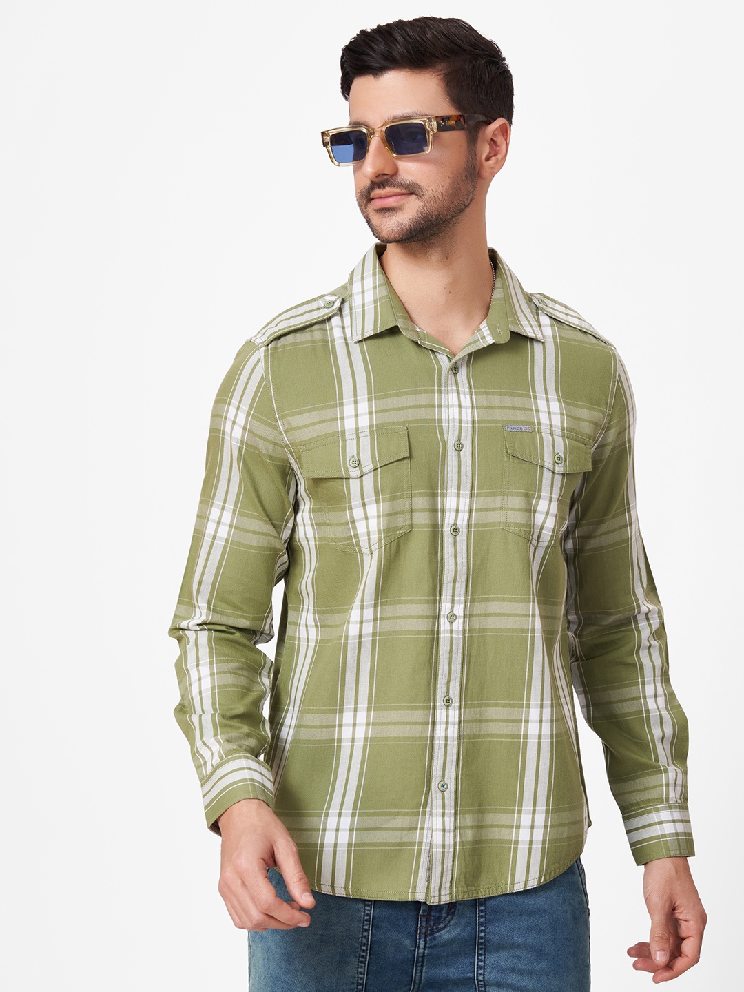 

FORCE IX Men Slim Fit Tartan Checked Pure Cotton Casual Shirt, Green