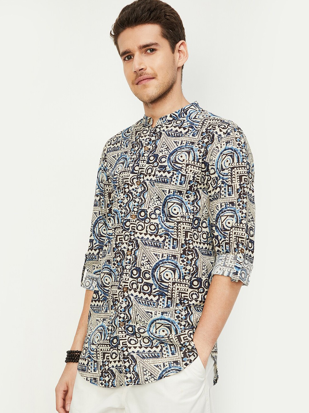 

max Mandarin Collar Ethnic Motifs Printed Casual Shirt, Off white